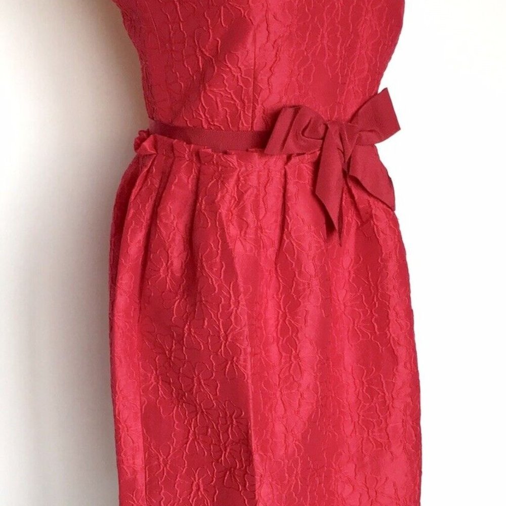 Carolina Herrera Red Bow Sleeveless Cocktail Dress 12 Ribbon Waist Floral Satin - Picture 10 of 14